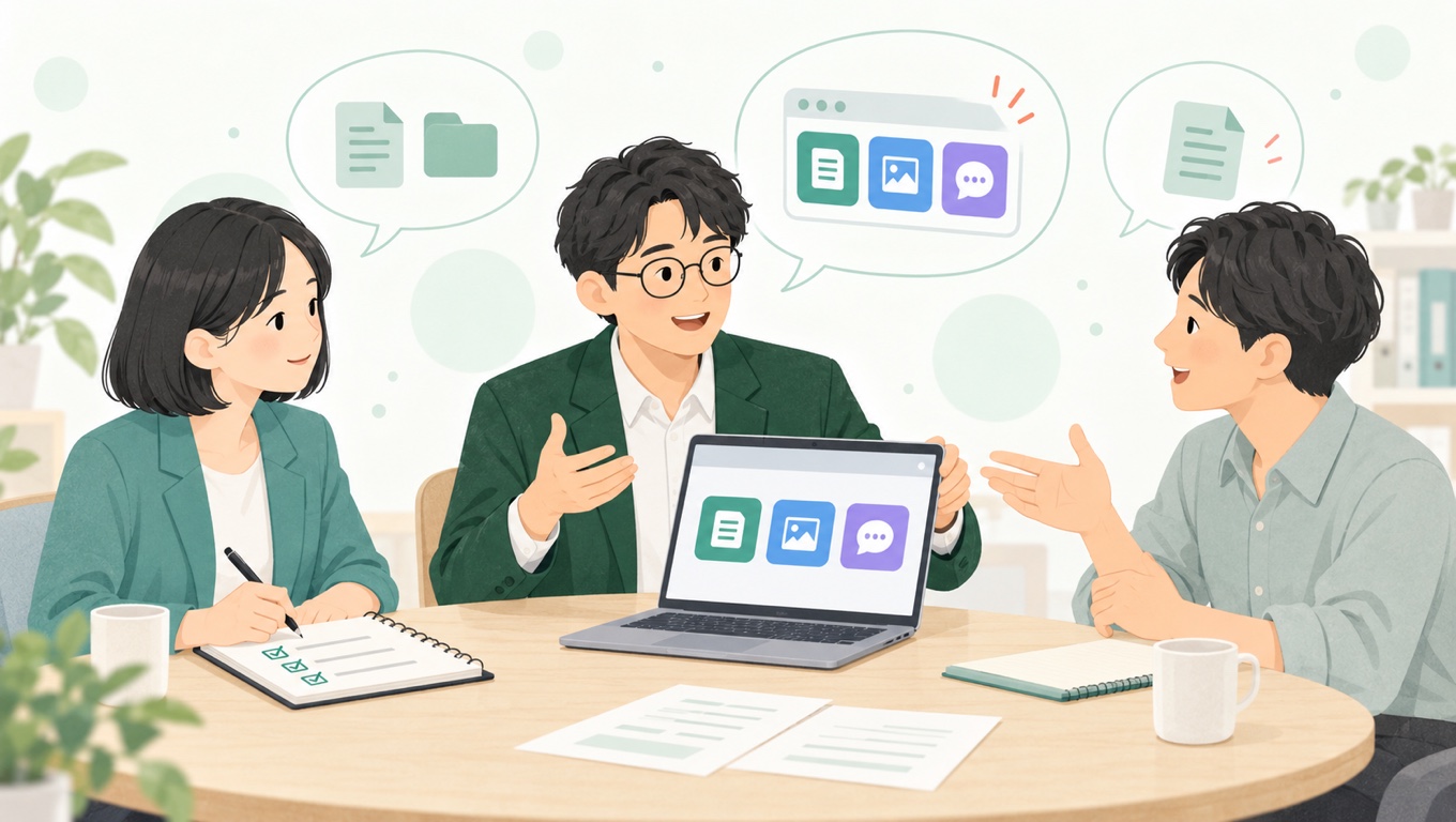 1週目に社員を責めずに話を聞き、使っているAIツールと業務を一覧にまとめる様子