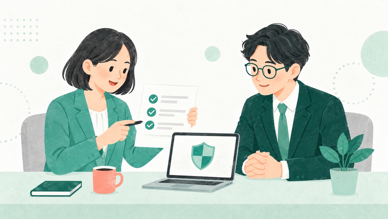 社内の生成AI利用ルールをチェックリストで確かめながら打ち合わせをする担当者と経営者