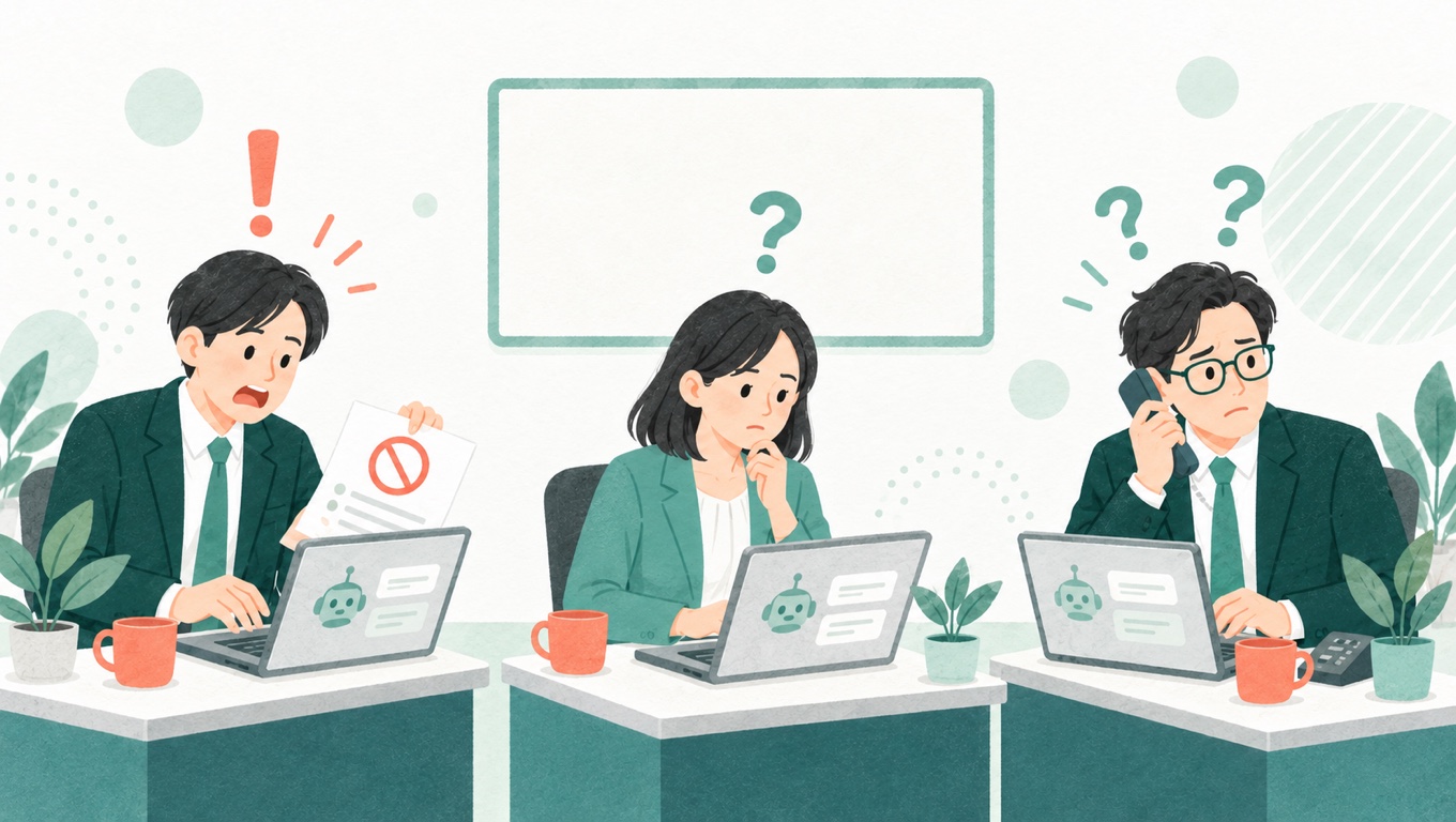 生成AIの使い方が決まっておらず、社員が戸惑ったり慌てたりしている職場の様子