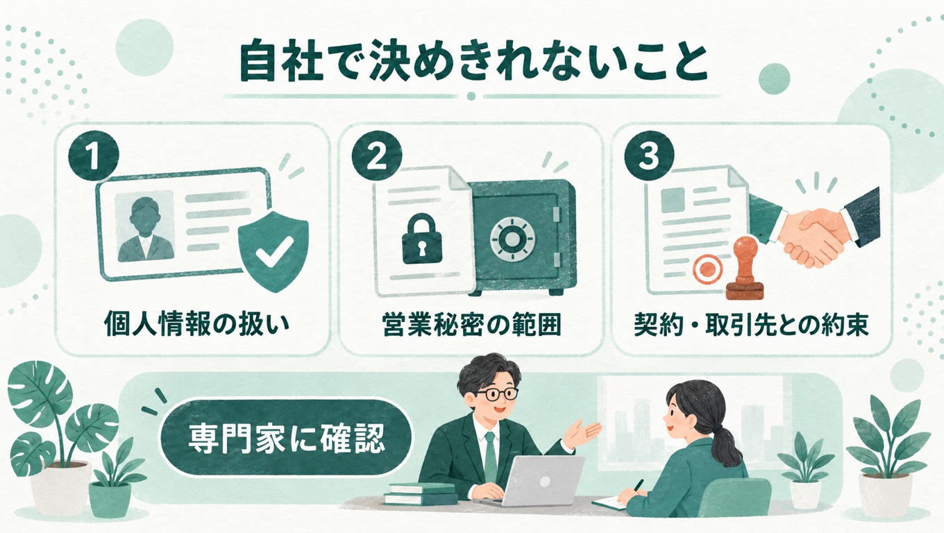 自社で決めきれないこと:個人情報の扱い、営業秘密の範囲、契約・取引先との約束は専門家に確認する