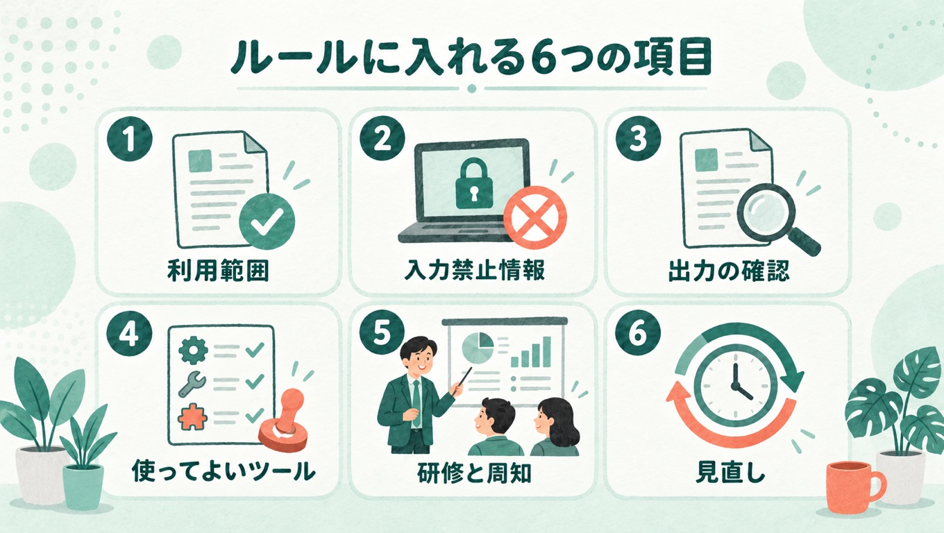 ルールに入れる6つの項目:利用範囲、入力禁止情報、出力の確認、使ってよいツール、研修と周知、見直し