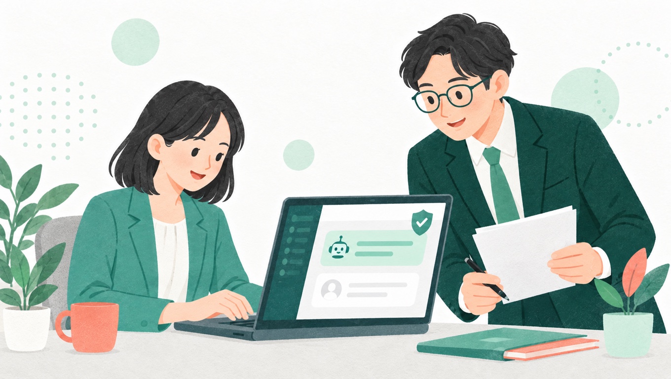 生成AIを使う社員と、社内ルールの書類を確認する経営者のイラスト