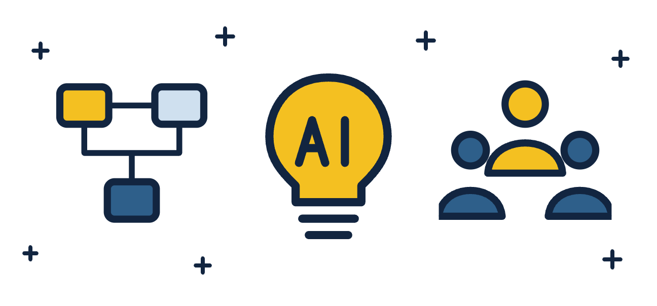 AI導入支援を表す業務フロー・AIの電球・人々のイラスト